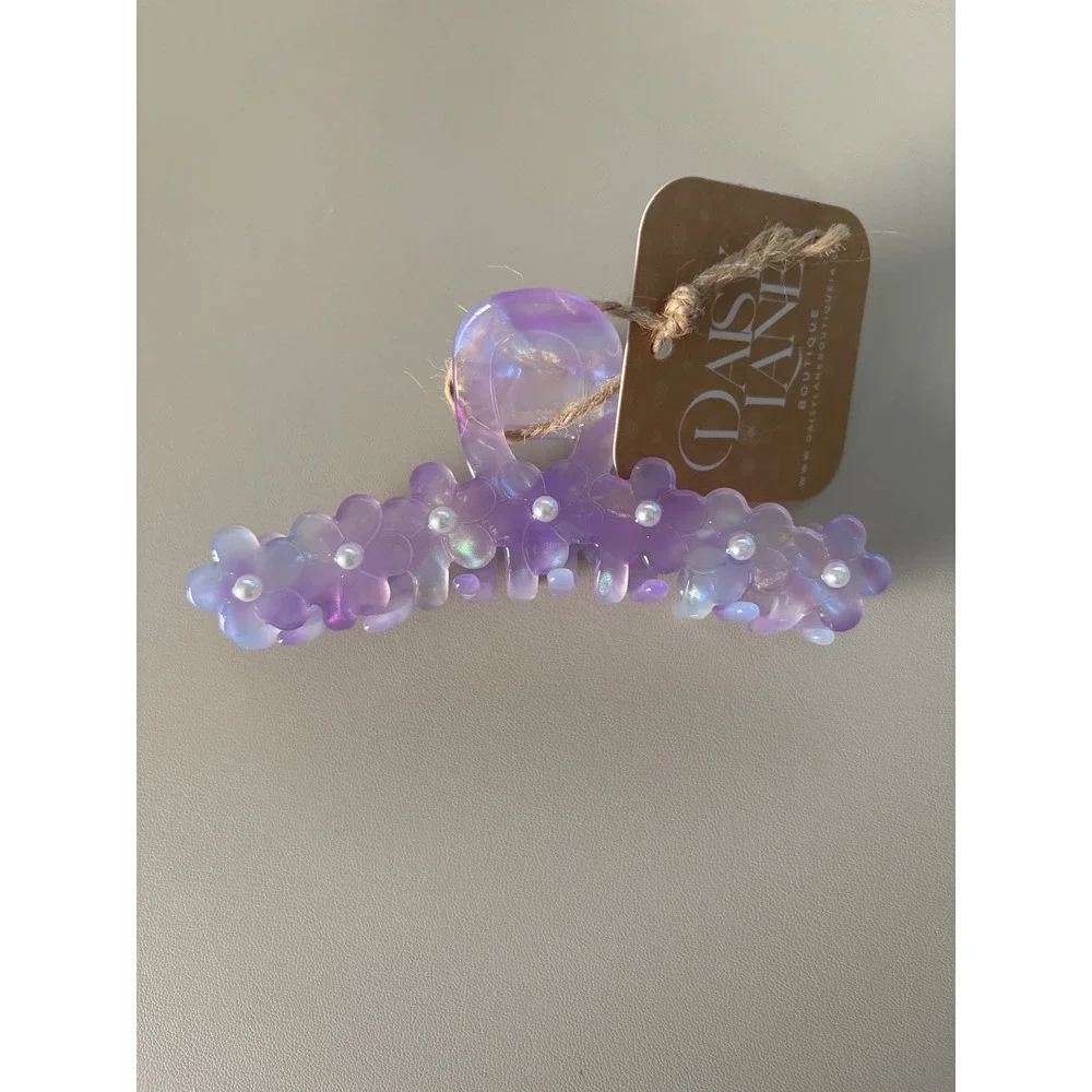 Daisy Lane Purple Iridescent Floral Hair Claw Clip with‎ Faux Pearls NWT